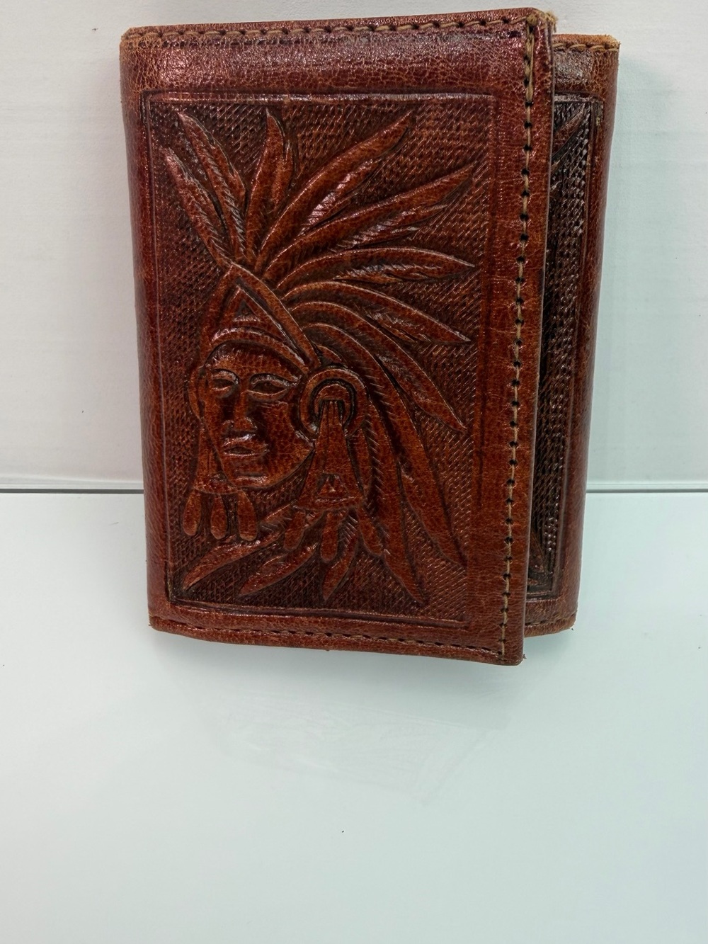 Vintage Mexican Tooled Leather Trifold Wallet Aztec Calendar Eagle Brown